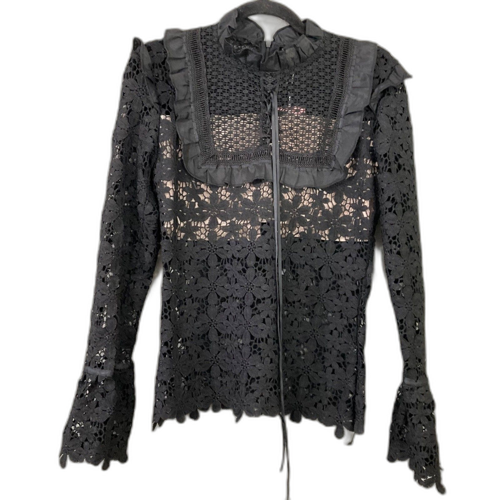 Womens Victorian Steampunk Lace Top sz. M Black High Neck Whimsigoth Fairy zips